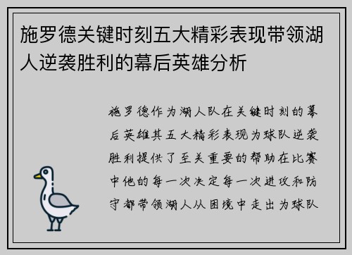 施罗德关键时刻五大精彩表现带领湖人逆袭胜利的幕后英雄分析