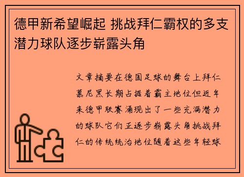 德甲新希望崛起 挑战拜仁霸权的多支潜力球队逐步崭露头角