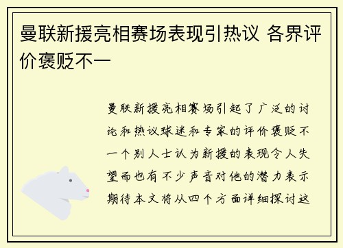 曼联新援亮相赛场表现引热议 各界评价褒贬不一